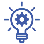 A blue outline of a glowing lightbulb with a gear (cog) inside the filament area, symbolizing technical innovation and ideas.