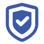 A blue line-art security shield containing a bold white checkmark, representing verification and industry compliance.