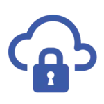 A blue outline of a cloud with a solid padlock centered in the foreground, representing secure cloud storage.